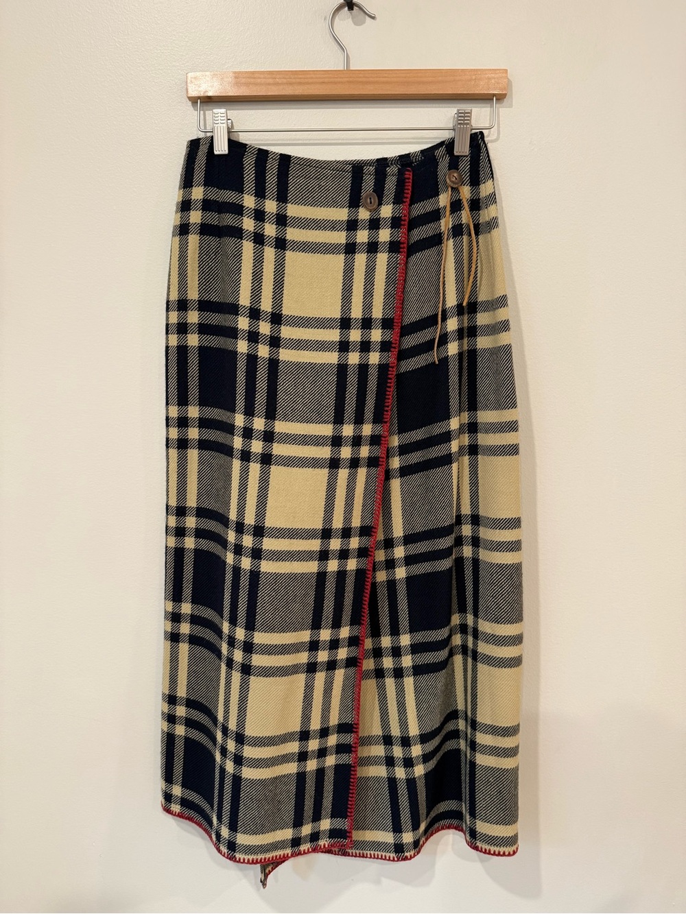 Vtg Ralph Lauren Country Wool Plaid Wrap Blanket Skirt Stitch Trim Size 8 Rare